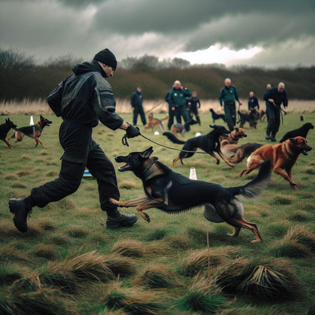 Working dog heeling with focus during IGP obedience at a UK club while other dogs train in the background