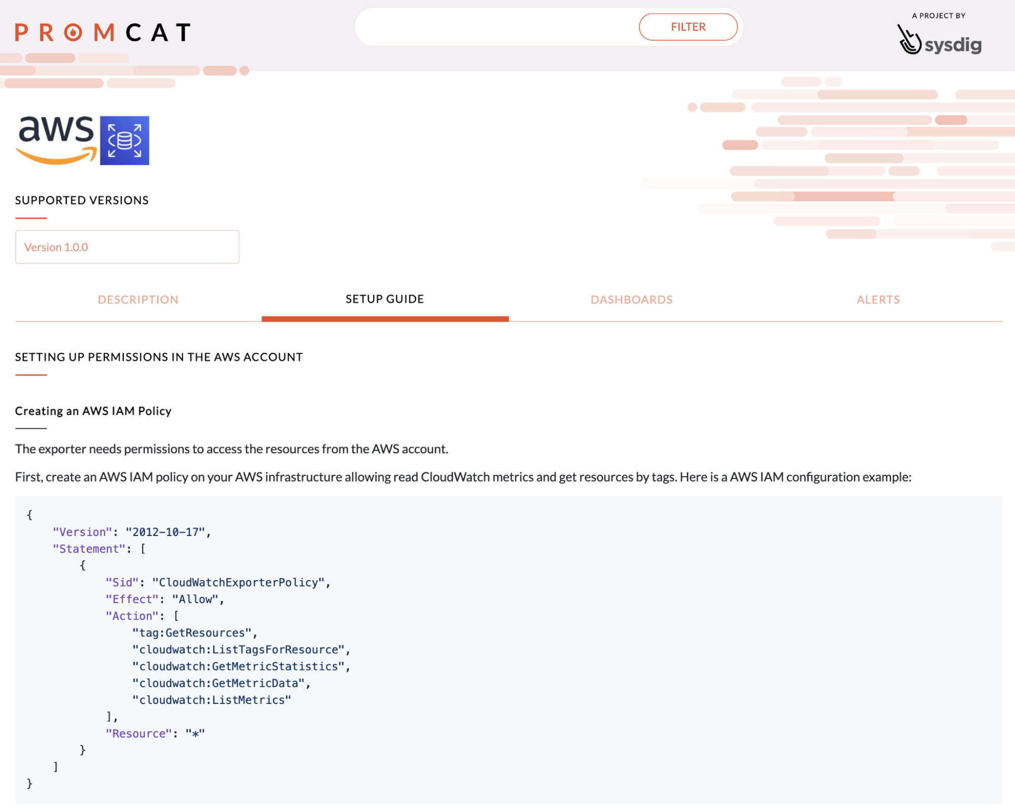 screenshot showing the setup guide page for the RDS configuration in PromCat.io