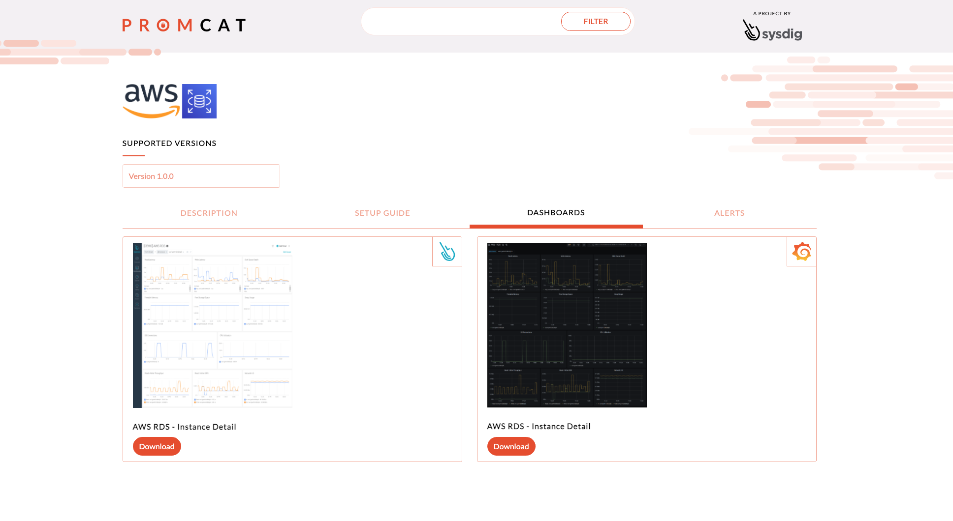 screenshot showing the dashboard page for the RDS configuration in PromCat.io, where you can download the dashboards for both Grafana and Sysdig Monitor!