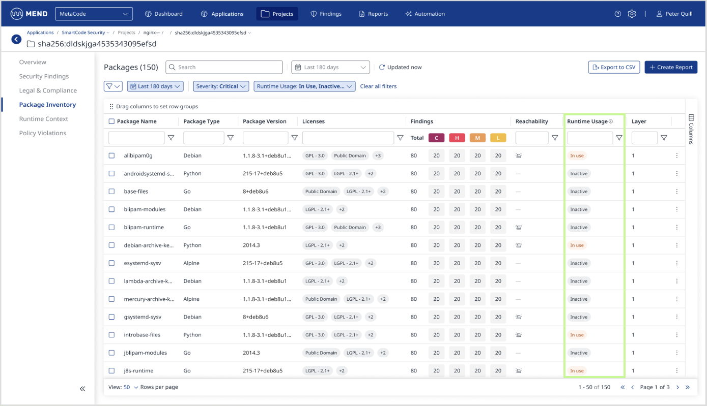 Mend.io UI runtime insights