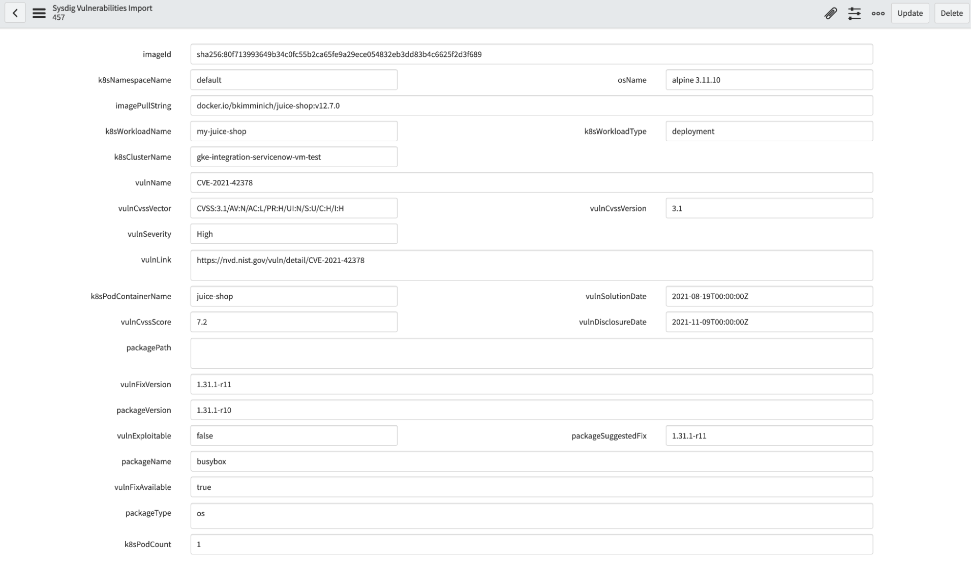 Sysdig Secure/ServiceNow CVR
