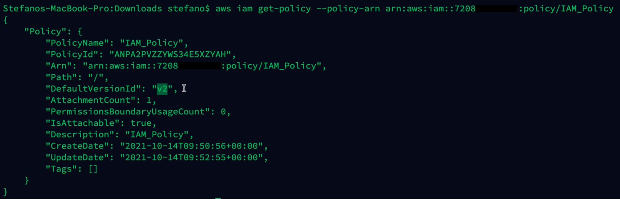 Output AWS Command get policy