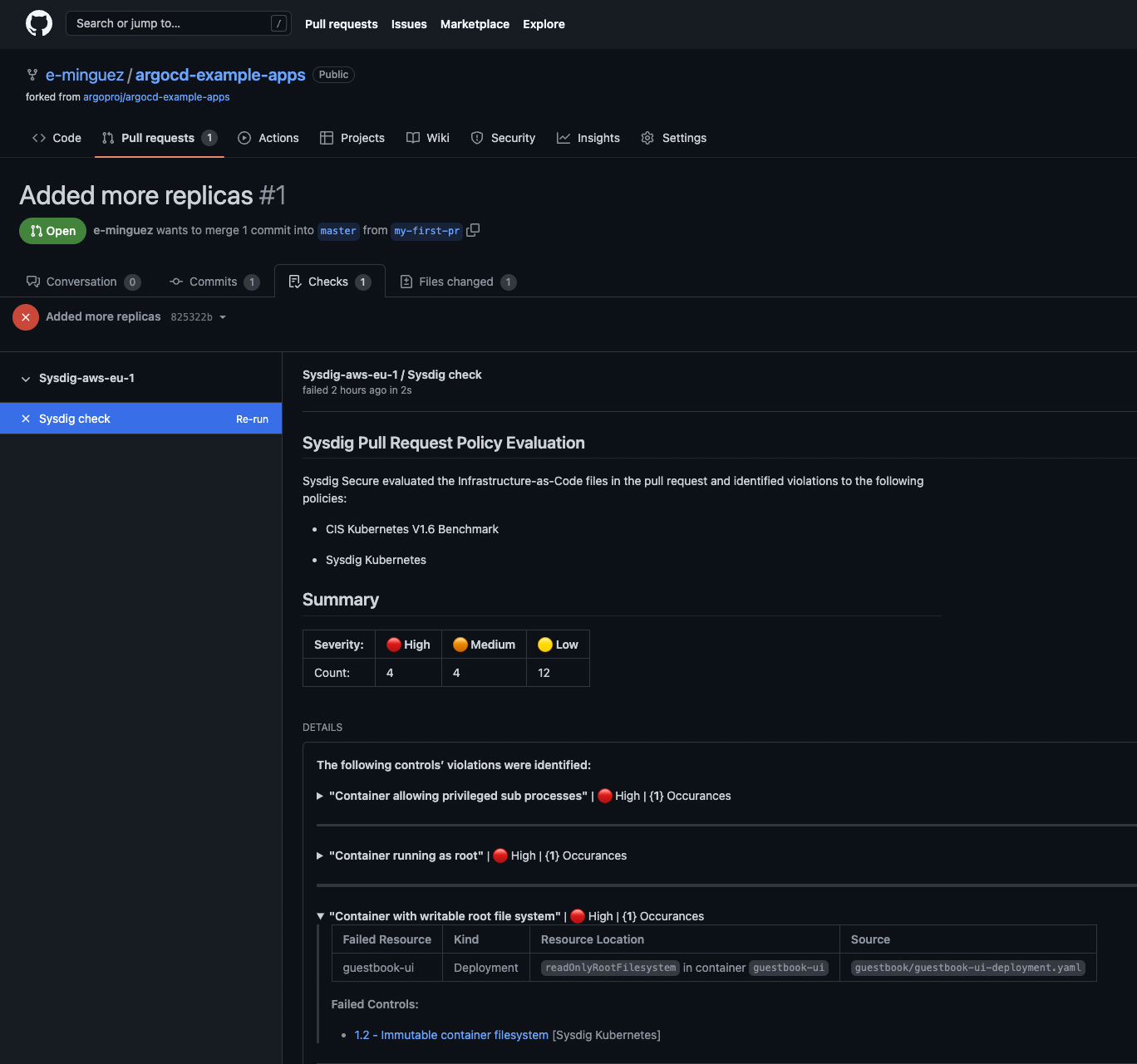 Screenshot of Sysdig's pull request policy evaluation in action