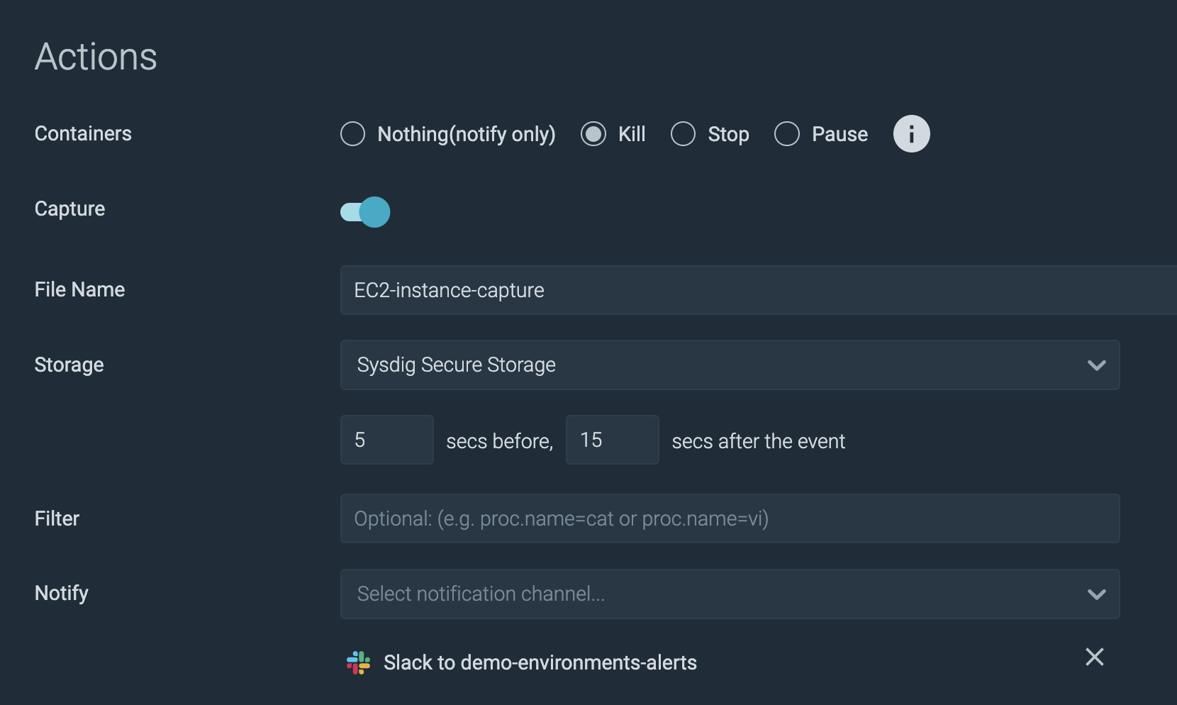 Sysdig Secure runtime security actions