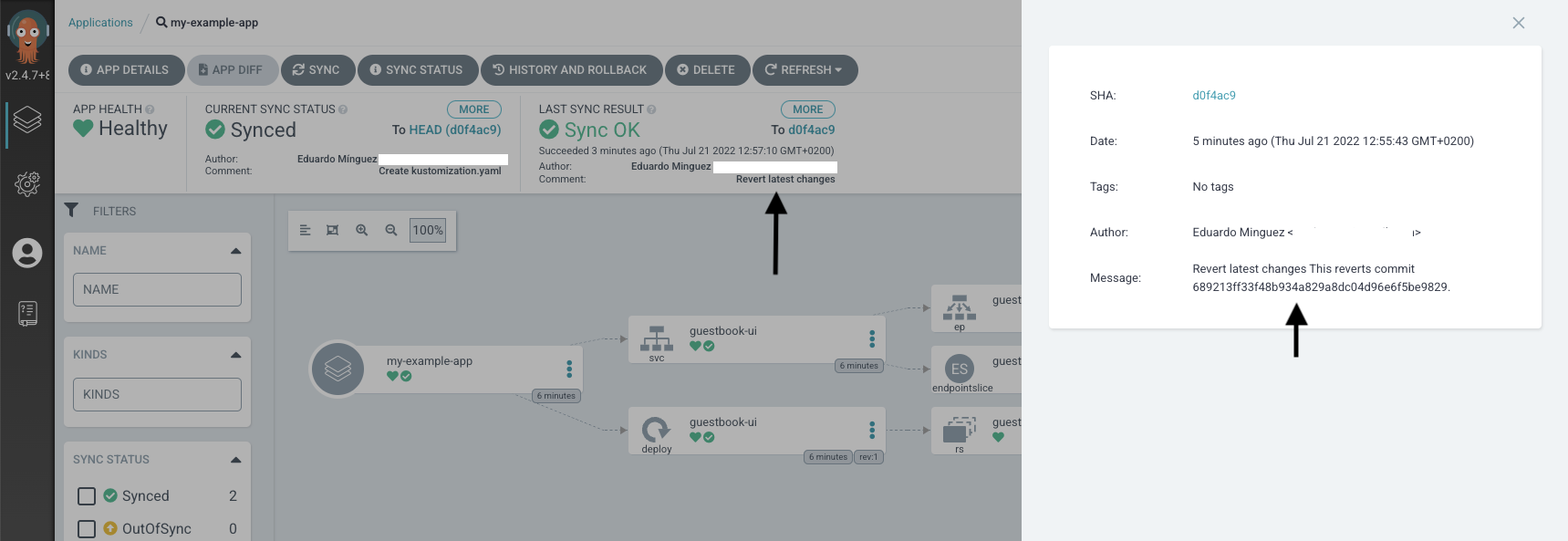 GitOps UI showing the reverted changes