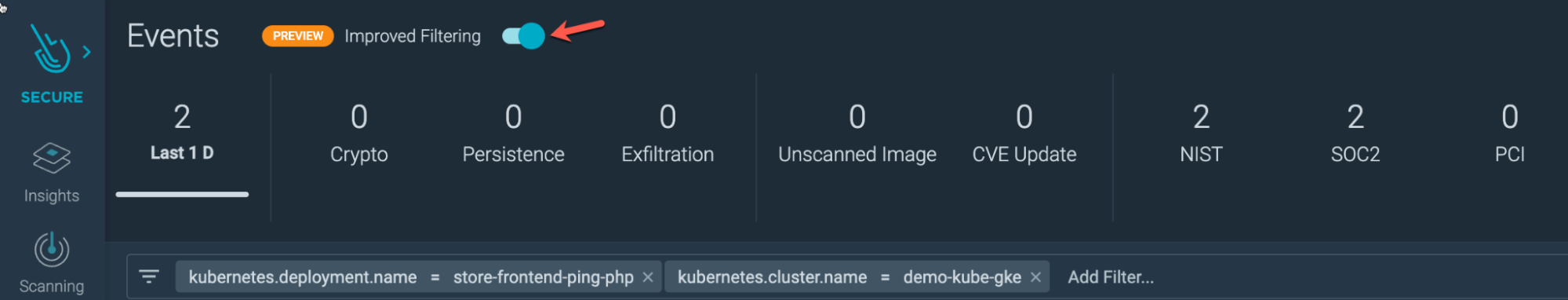 Toggle to enable improved filtering in Sysdig Secure events