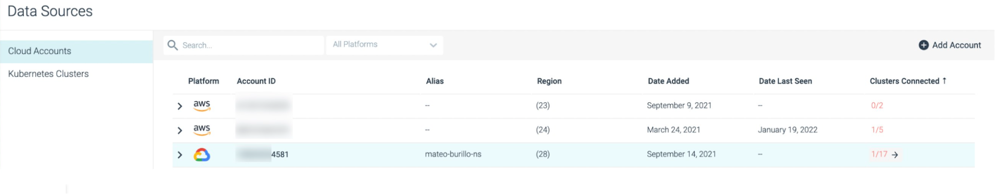 The Data Sources tab in Sysdig gives a consolidated view into the Cloud Accounts that have been onboarded with Sysdig Secure