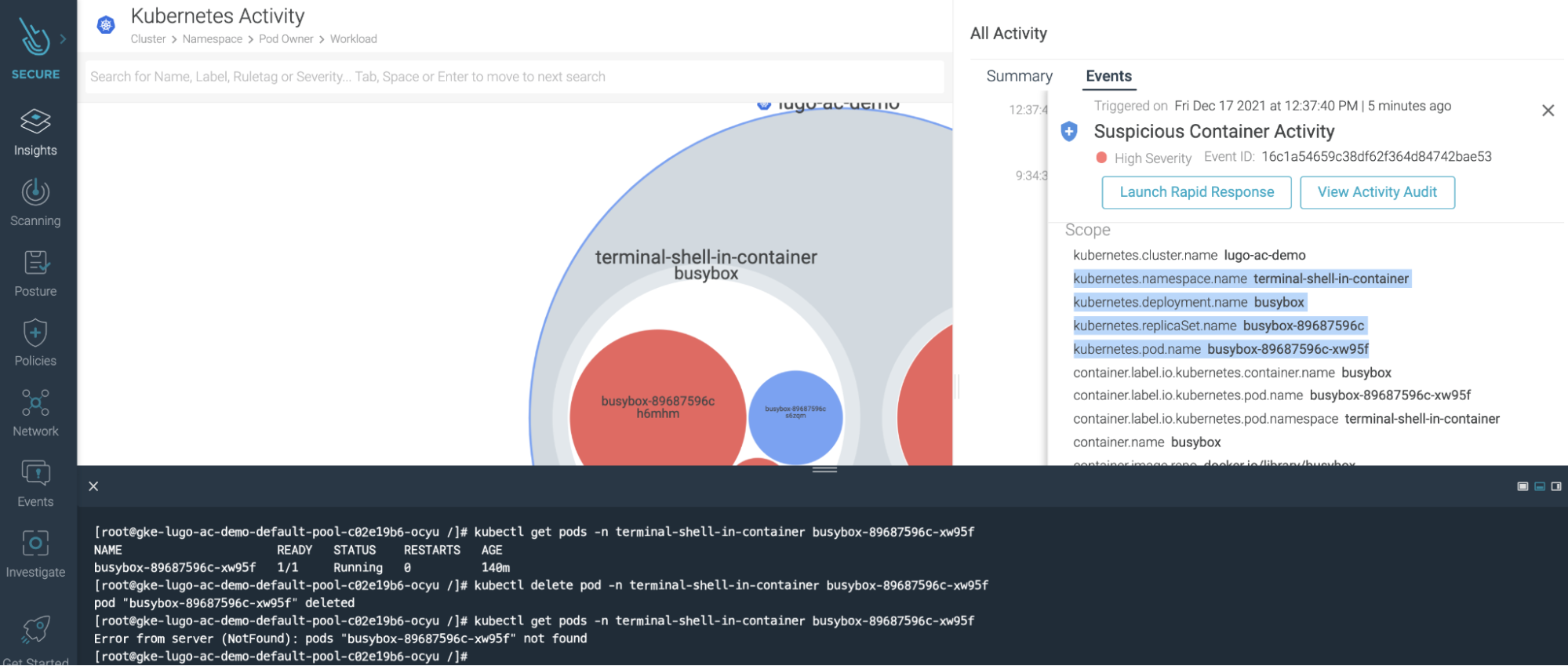 One-click direct access to a container or host to investigate and troubleshoot locally with Sysdig Secure EDR