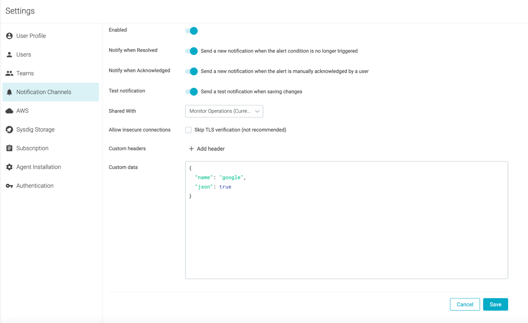 Notification channels in Sysdig