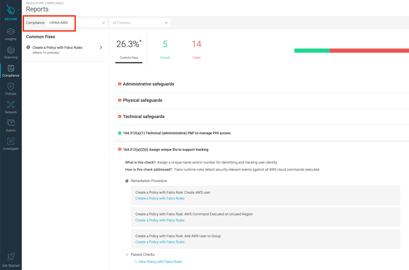 Sysdig Secure screeshoot showing HIPAA-AWS compliance report