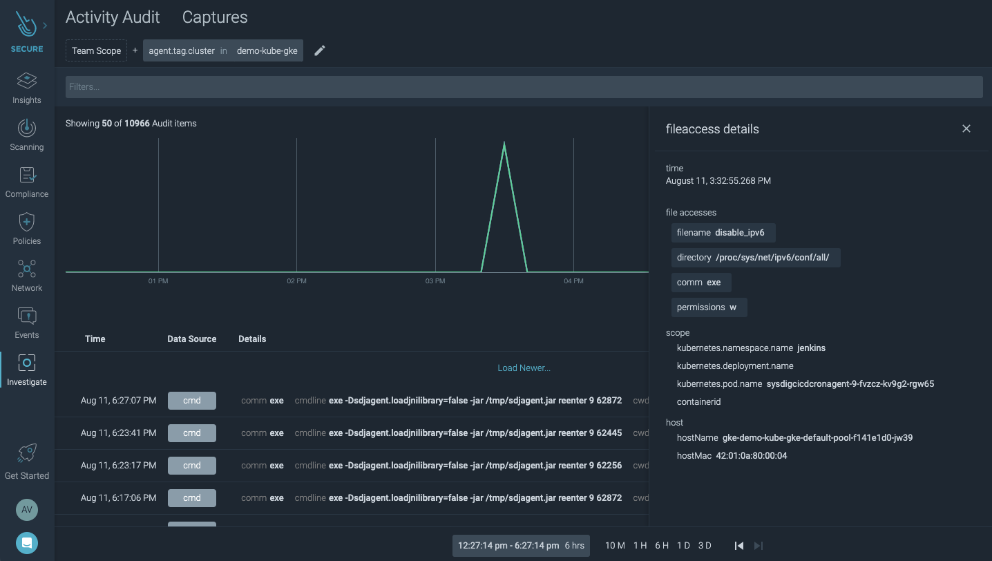Activity audit in Sysdig secure, highlighting a suspicious file access.