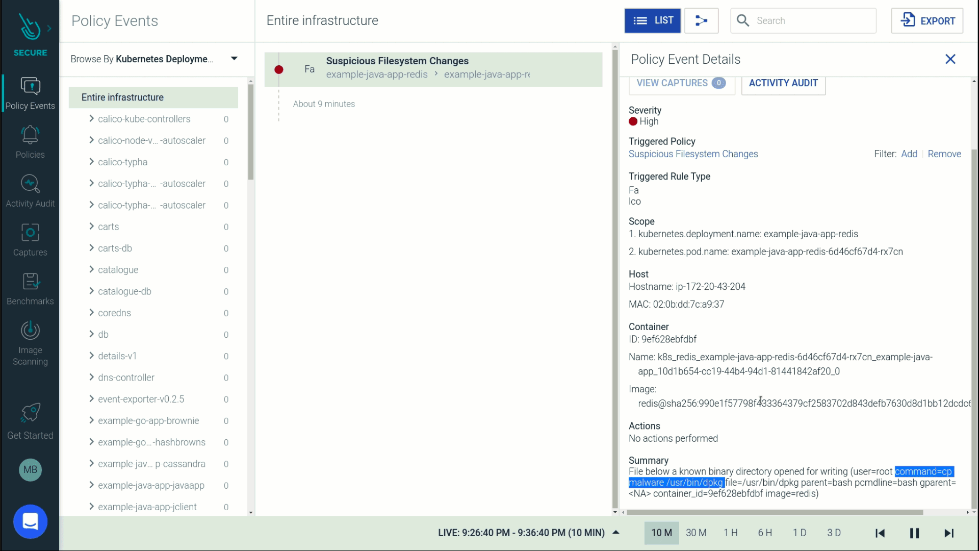 A suspicious file change alert in Sysdig Secure audit log, showing what files were changed