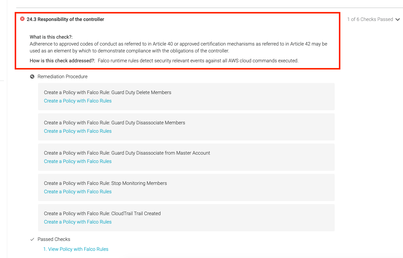 GDPR AWS compliance reports in Sysdig Secure. A detail in one of the failing controls. Sysdig secure explains the control, how is it addressed, and the proposed remediation steps.