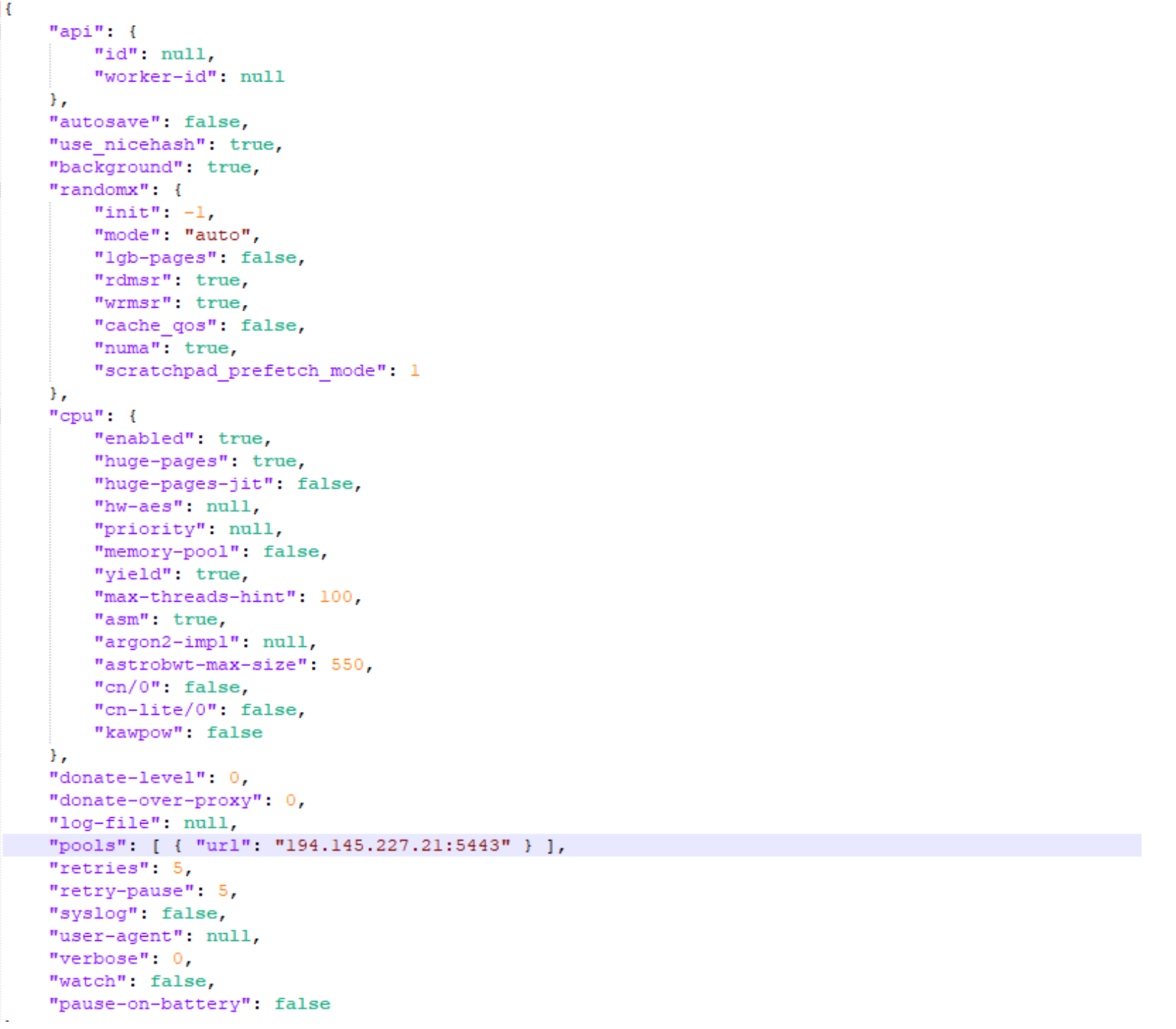 A JSON of the communication with the Sysrv-Hello Botnet targeting WordPress. Highlighted is a property called pools, with ips and ports.