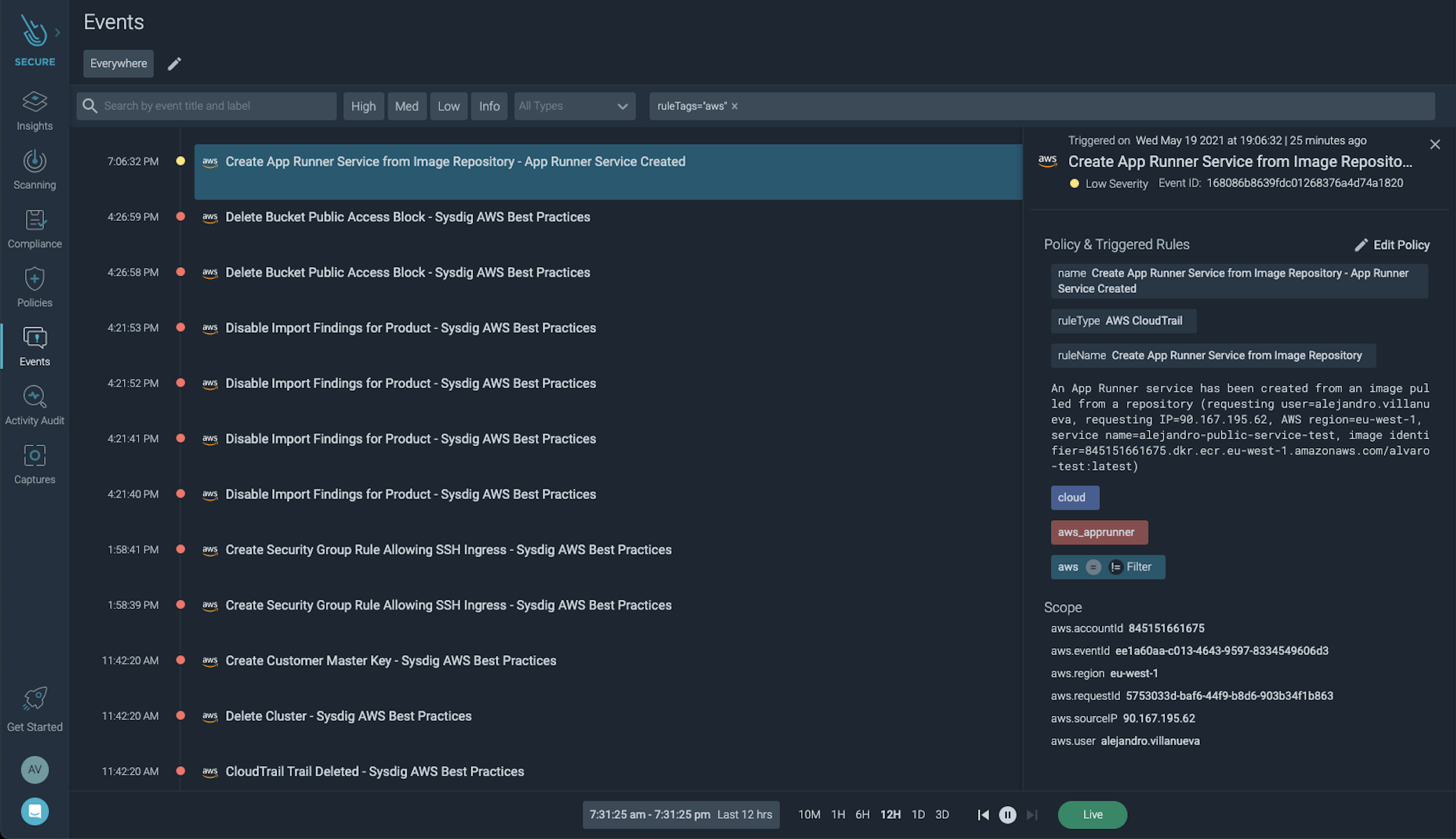 AWS App Runner events feed in Sysdig Secure