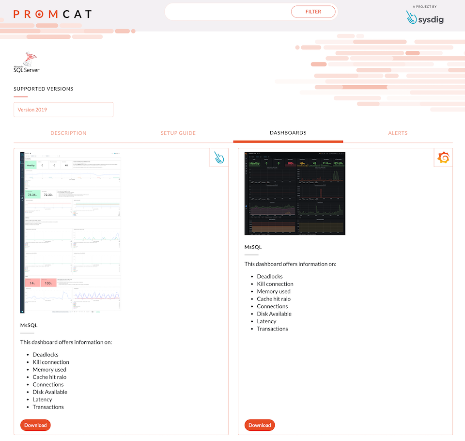 screenshot showing the dashboard page for the SQL Server configuration in PromCat.io, where you can download the dashboards for both Grafana and Sysdig Monitor!