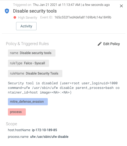 Mitre defense evasion - disable security tools alert