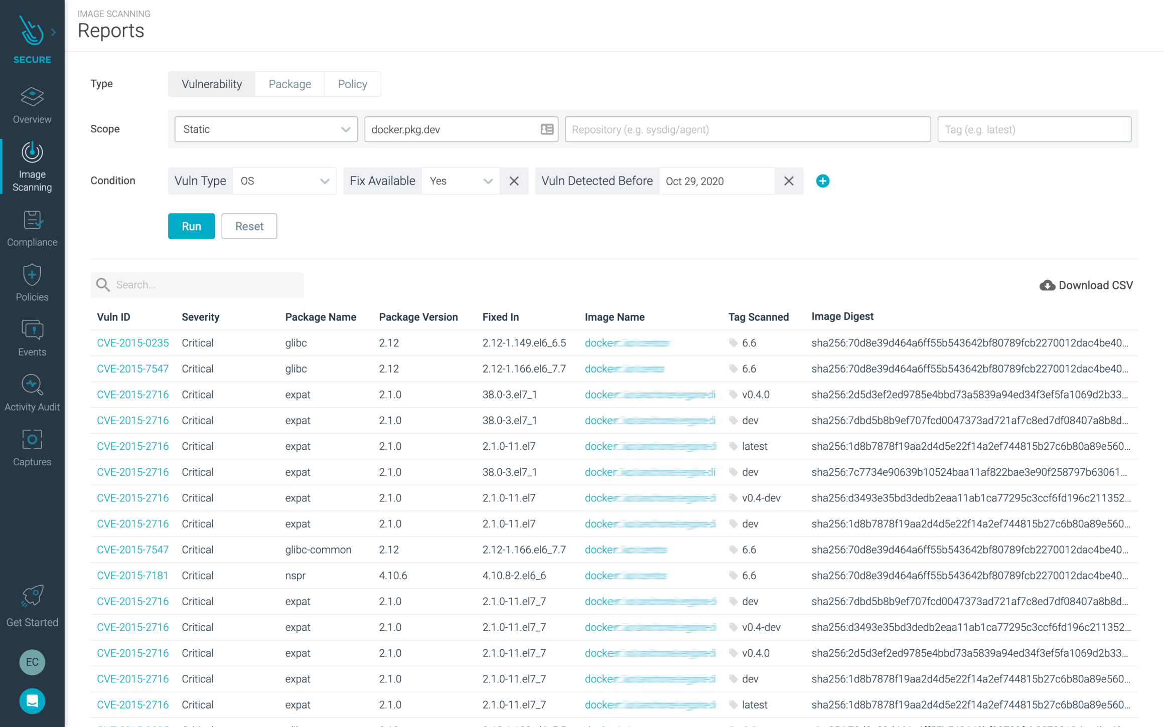 image scanning report with artifact registry