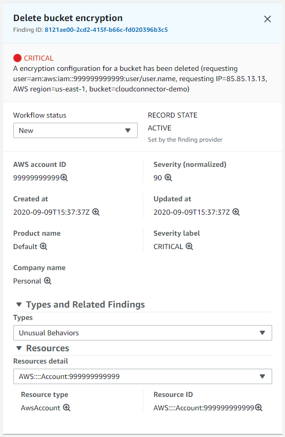 Detail of a Sysdig security finding in the AWS security hub