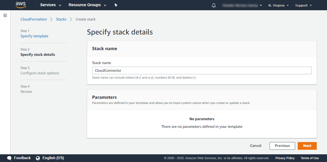 The Sysdig Cloud Connector template, the stack details step