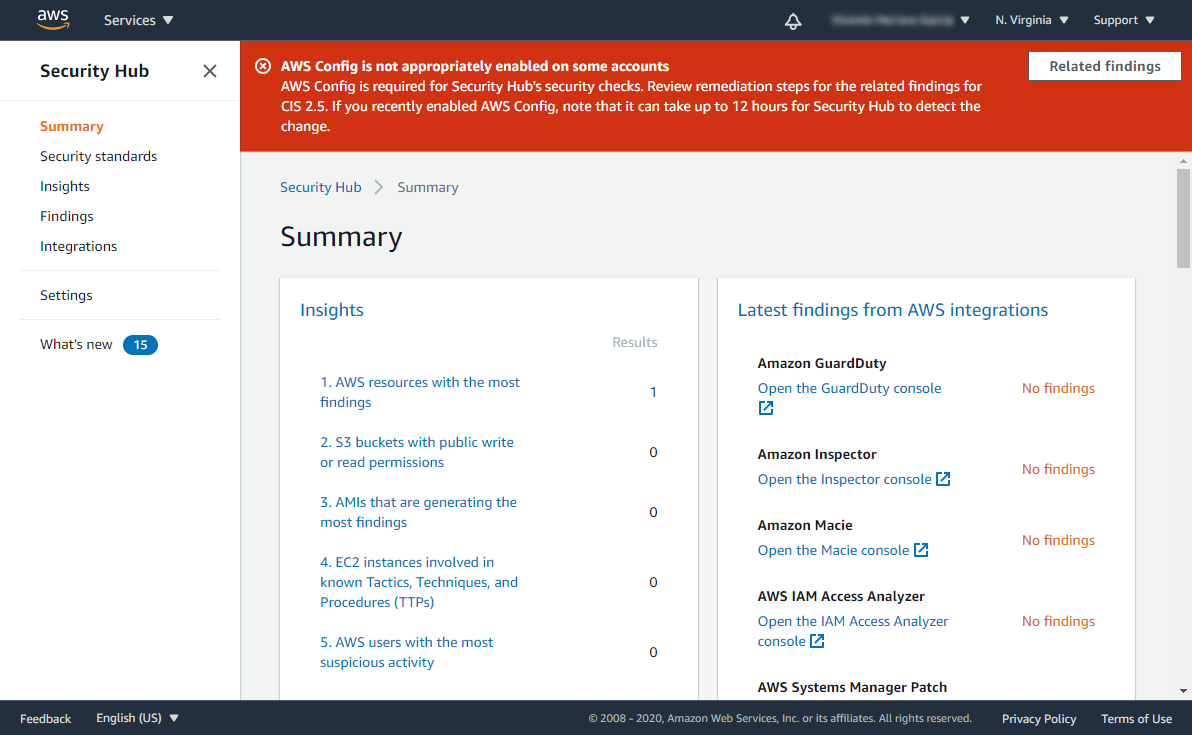 The AWS security hub dashboard