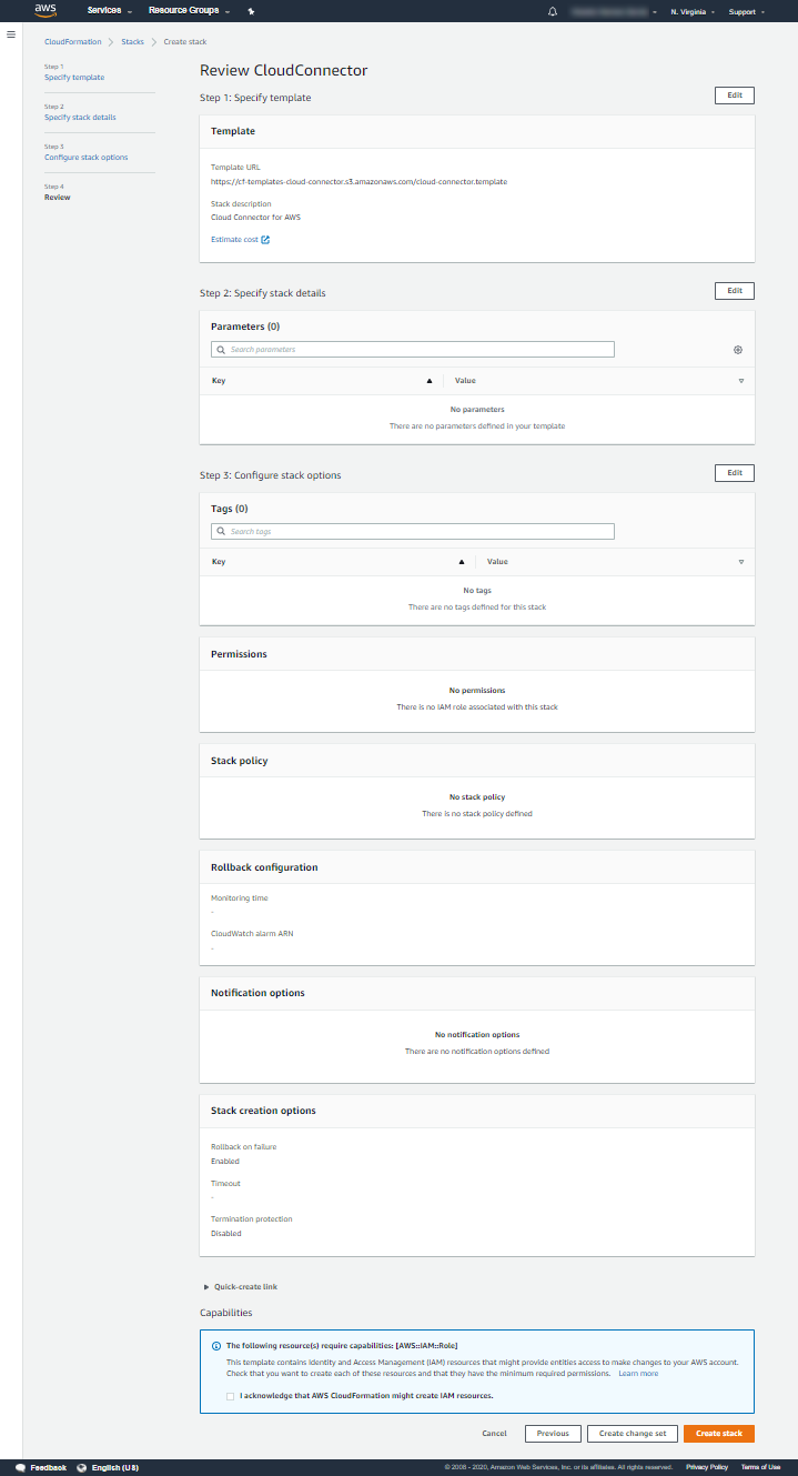 The Sysdig Cloud Connector template, the review cloud connector step