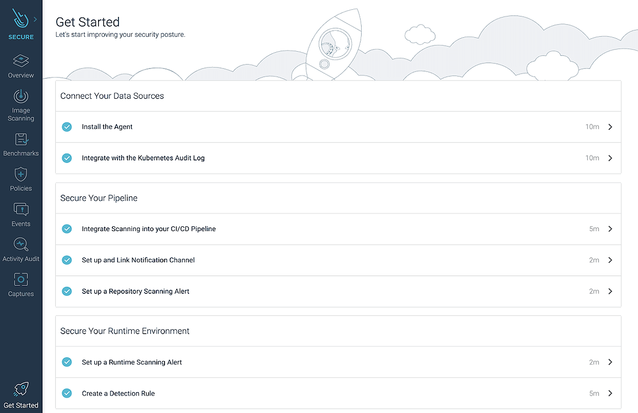 New sysdig onboarding screen, with guides to connect your data sources, secure your pipeline and secure your runtime environment.