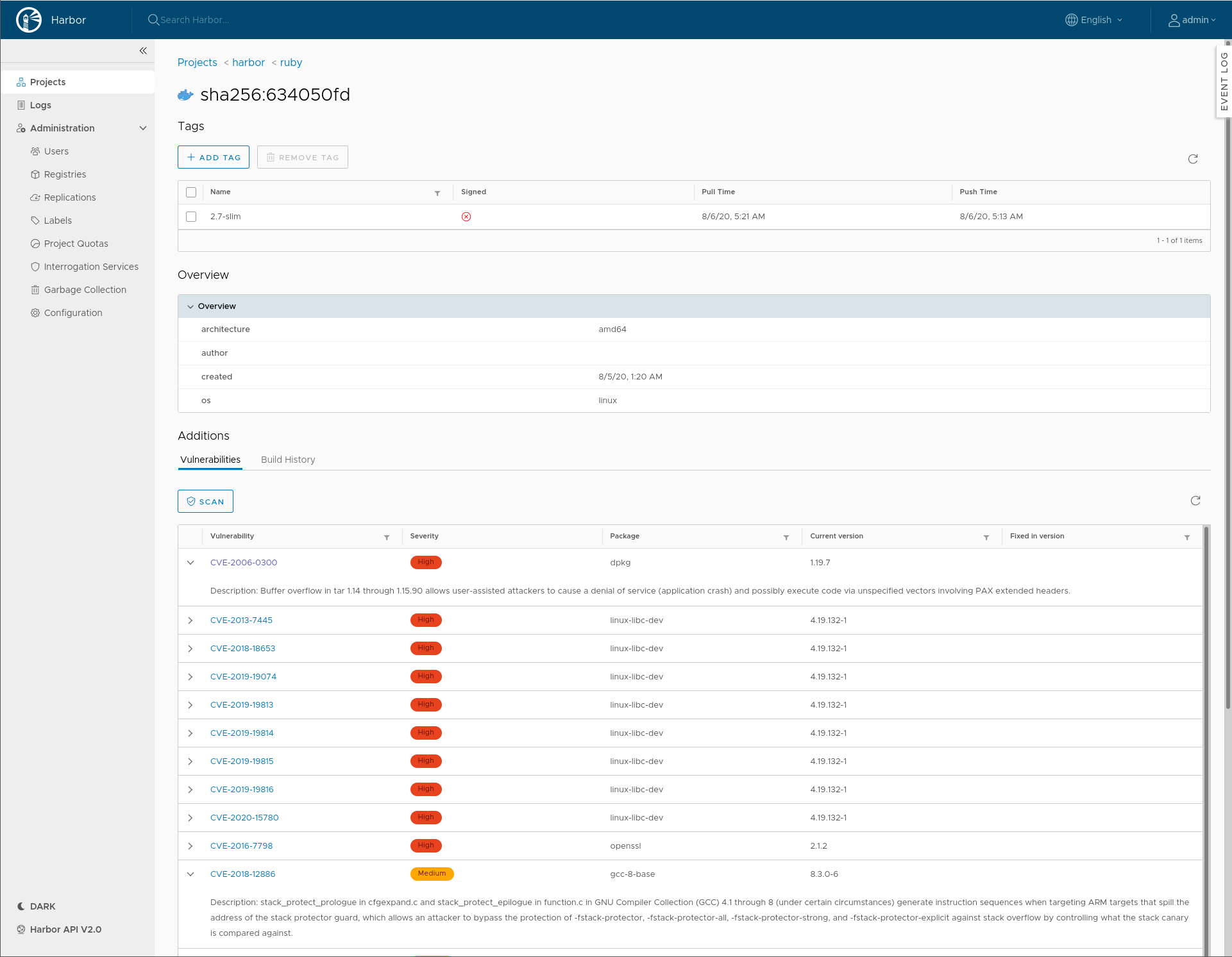 registry scanning results in the Harbor UI