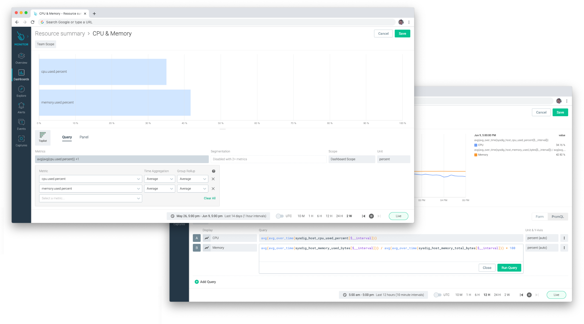 Two panels of the same dashboard, one using promql and the other being form-based.