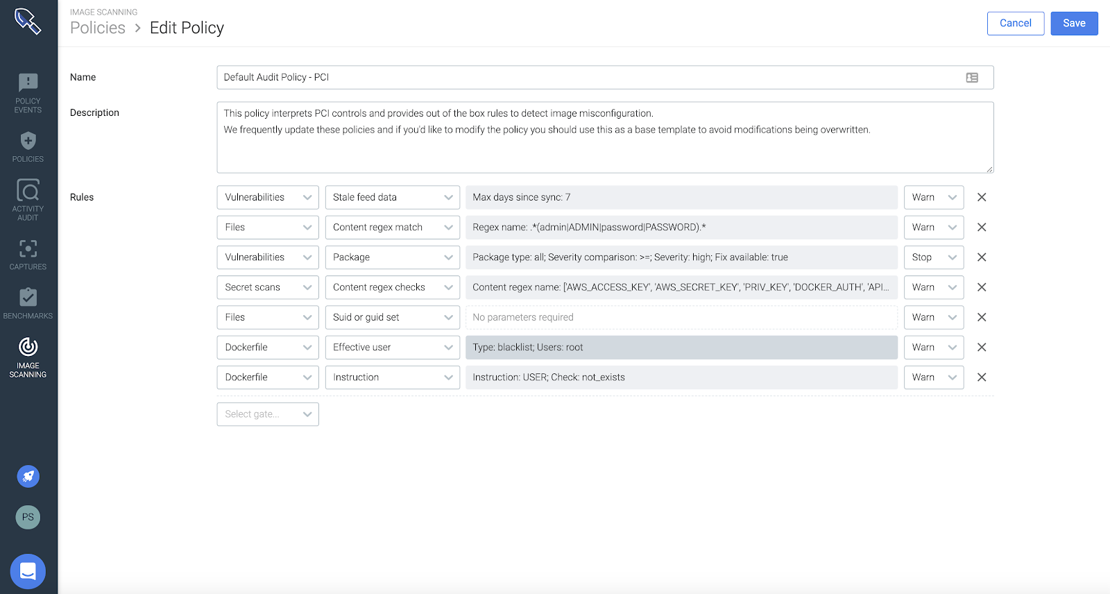 Sysdig secure has out of the box policies for PCI compliance