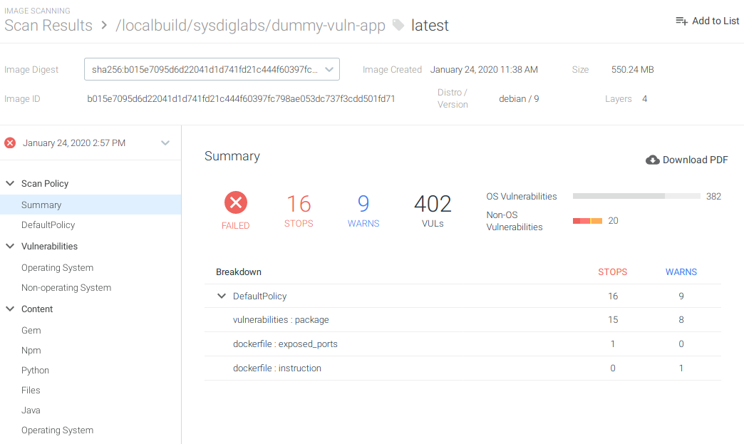Sysdig Secure Scanning Results