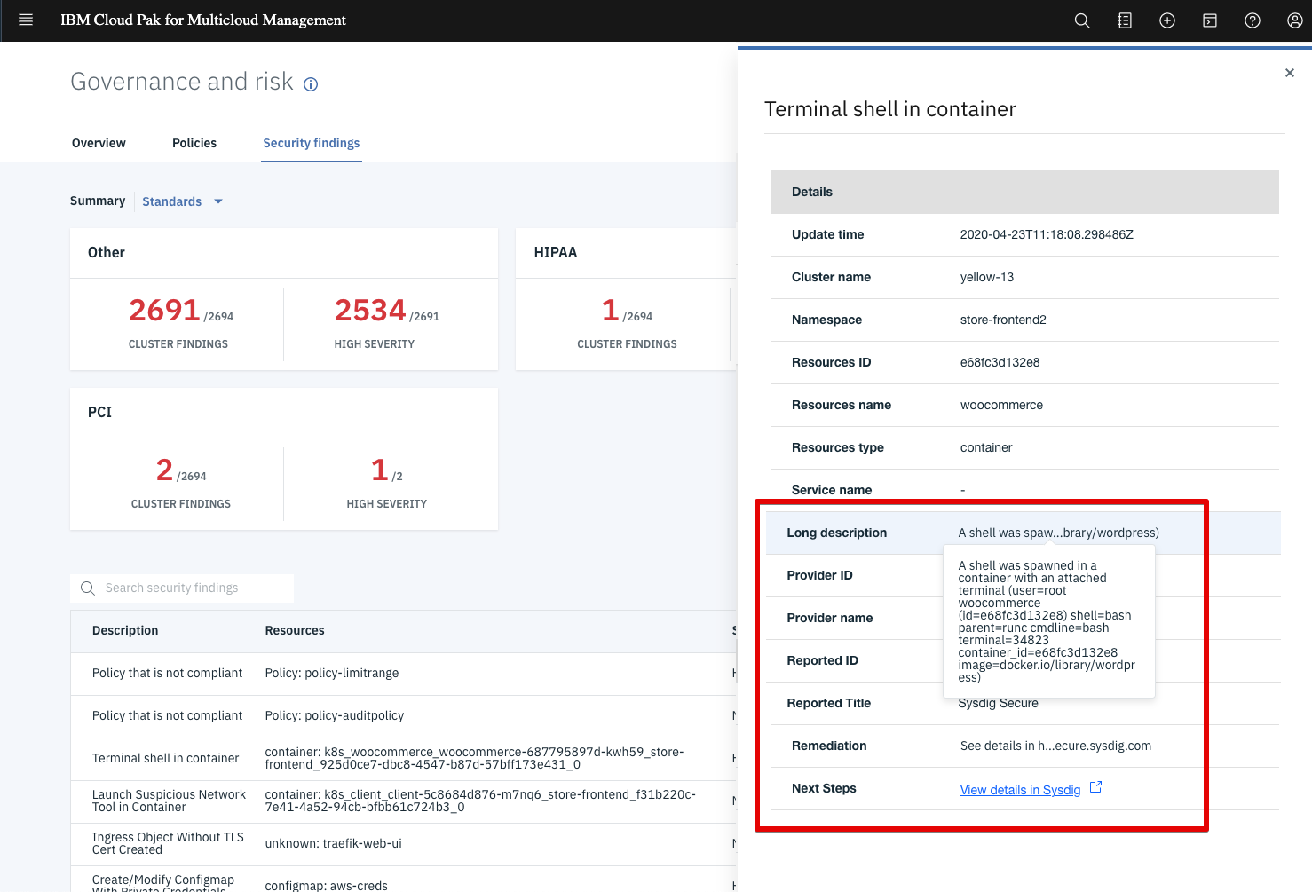 Detail of one security finding forwarded from Sysdig Secure