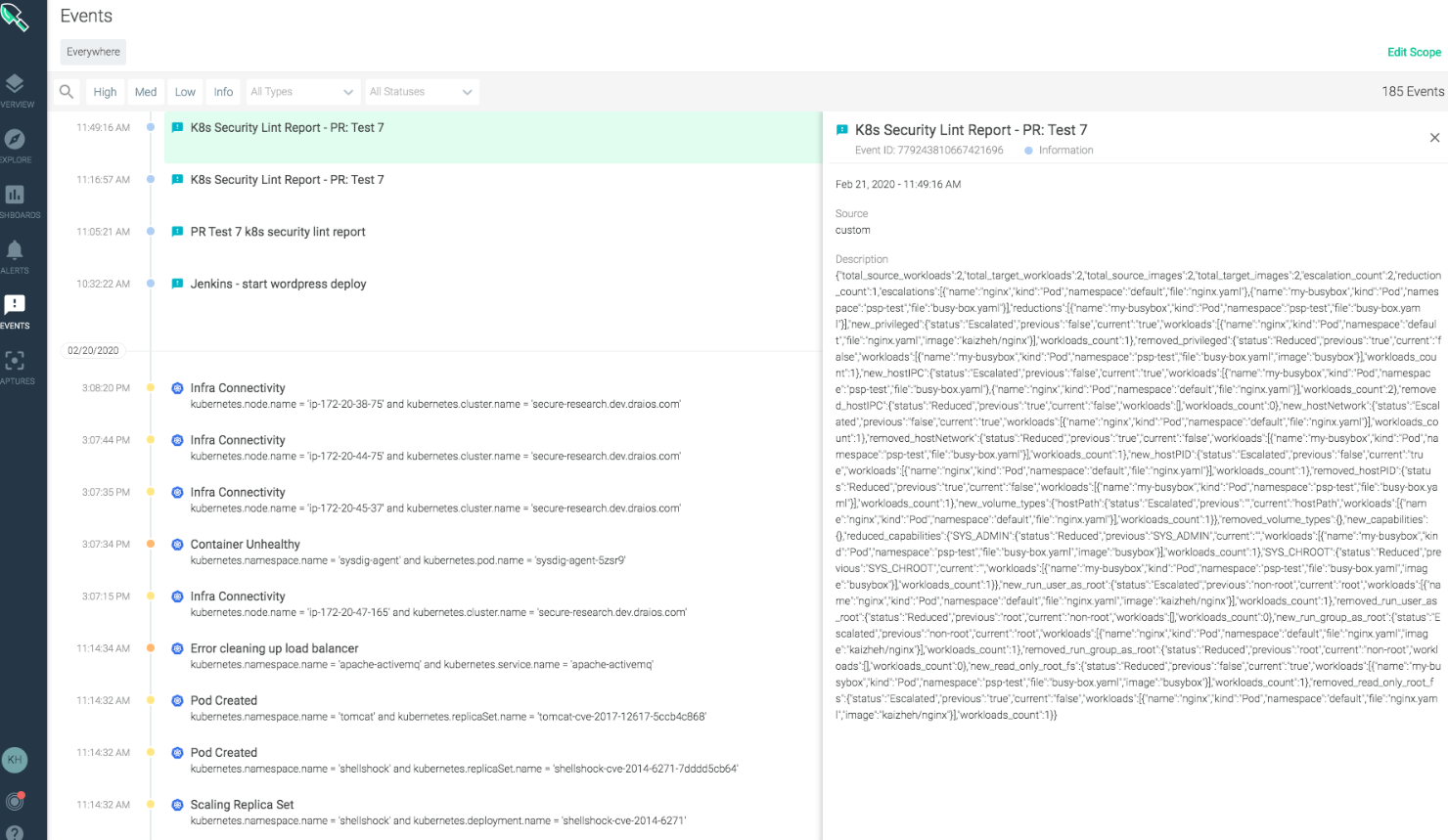 Output from k8s-security-configwatch on Sysdig Monitor