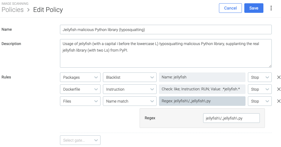 Image scanning policy with all rules for detecting jeilyfish malicious Python library