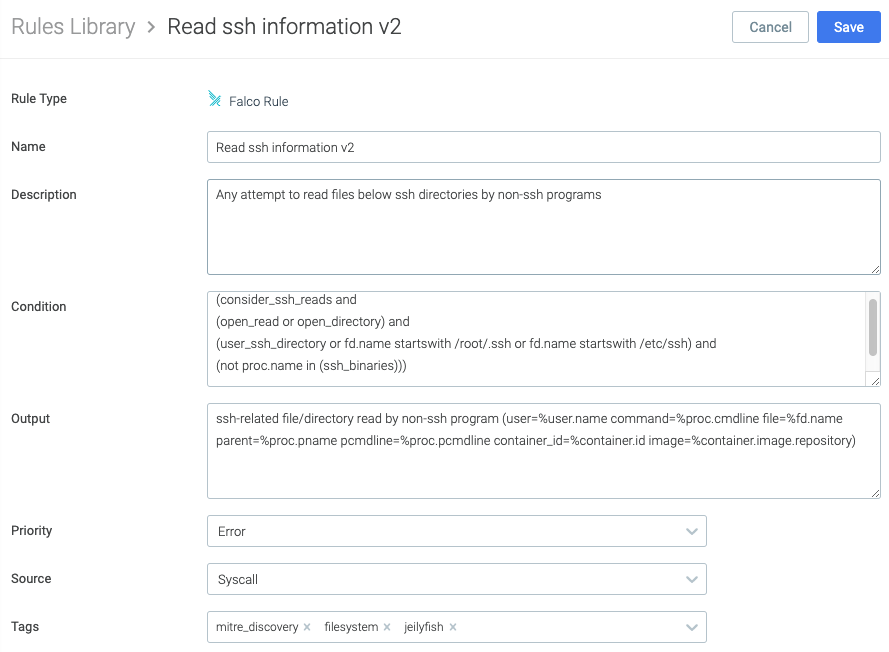 Falco rule to detect read of ssh keys by non ssh binaries, including /etc/ssh