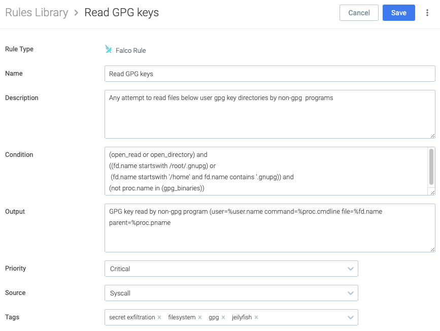 Falco rule to detect gpg key reads by non gpg binary