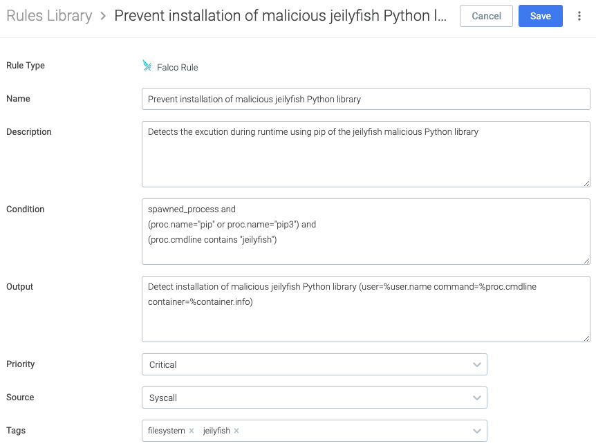 Falco rule to detect pip installation of jeilyfish malocious Python library at runtime