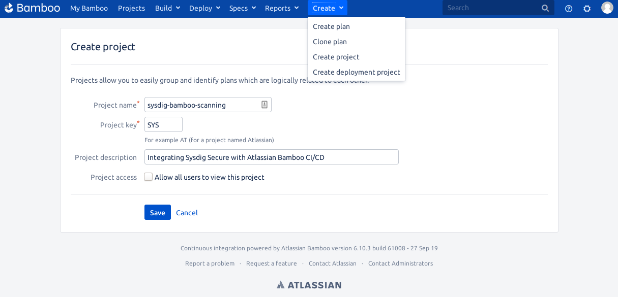 Creating a new project in bamboo for Sysdig Secure inline scanning