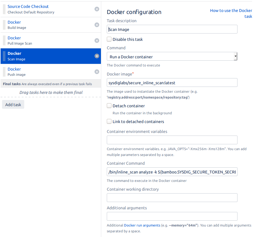 Task definition in Bamboo to perform inline scanning of images using Sysdig Secure
