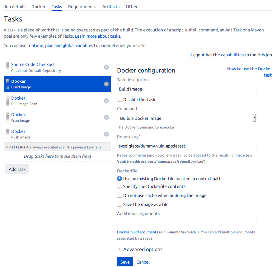 Task definition in Bamboo to build a docker image
