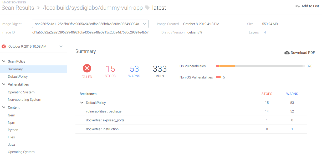 Image scanning results in Sysdig Secure