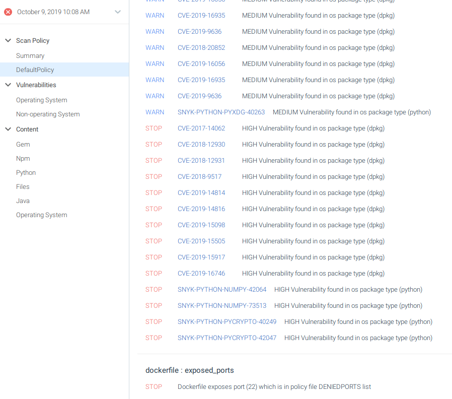 Image scanning warnings and errors in Sysdig Secure