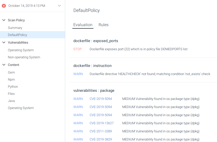 Warnings and Errors from an image scan, displayed in Sysdig Secure. An error message explains the Dockerfile is exposing the port 22.