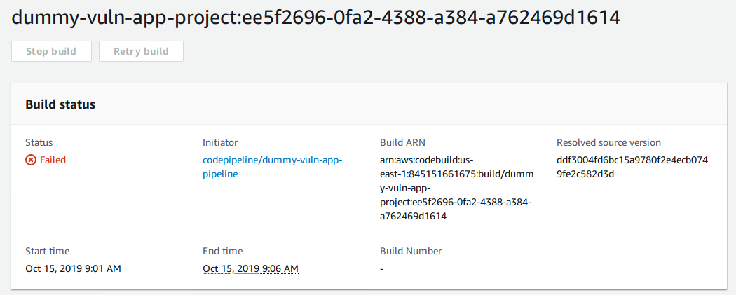 Execution details for a failed build in AWS CodeBuild