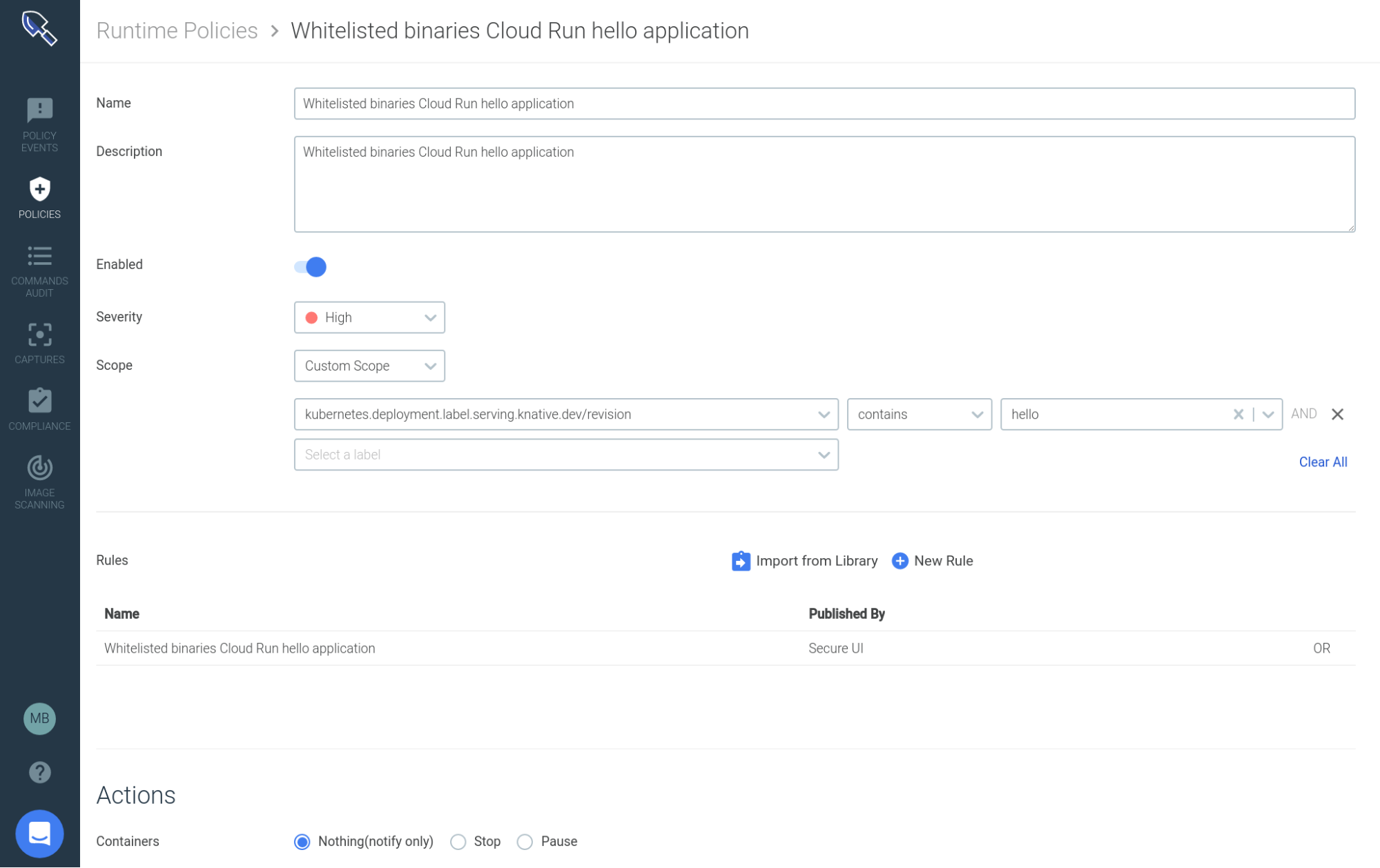 Creating a new rutime policy in sysdig secure