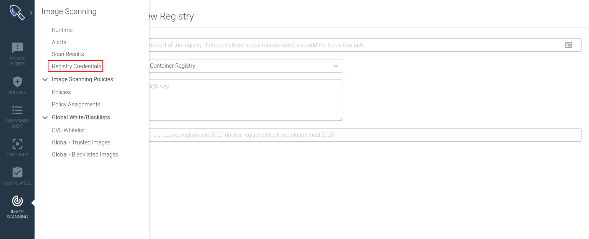 Registry credentials settings in Sysdig Secure