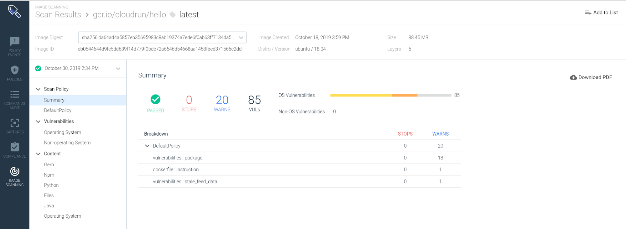 Image Scan results in Sysdig Secure