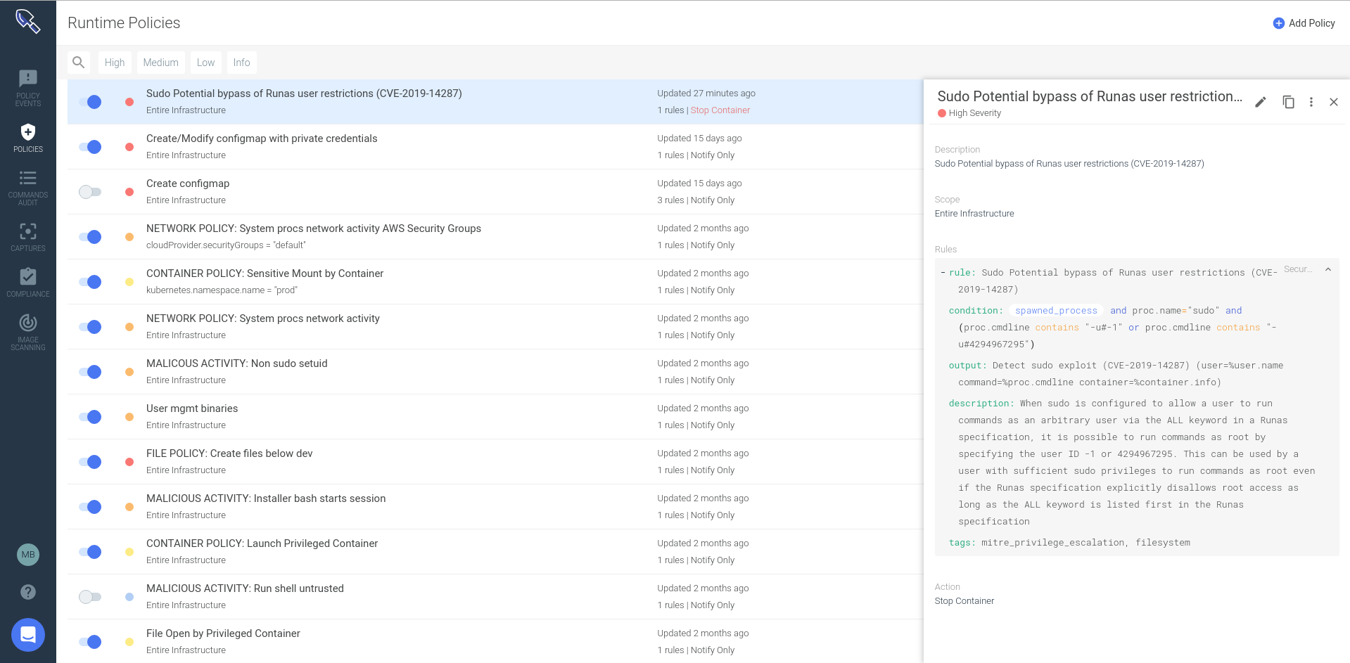 Falco rule loaded in the Sysdig Secure policy editor