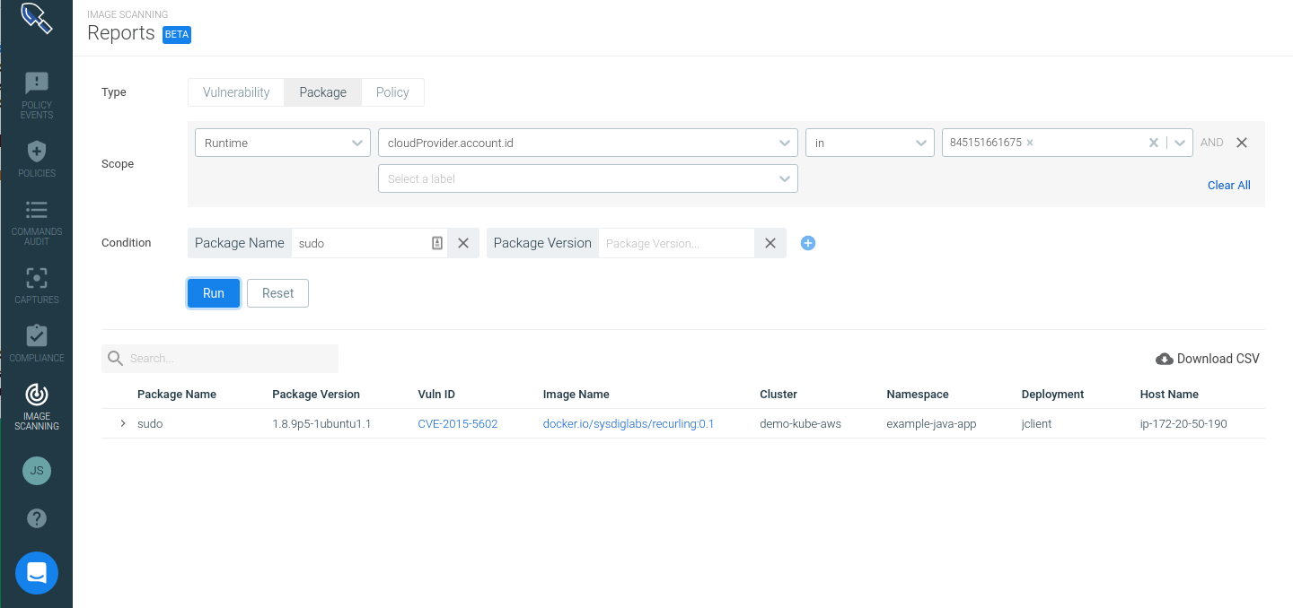 Report on Sysdig Secure with running containers that contain the affected sudo version.